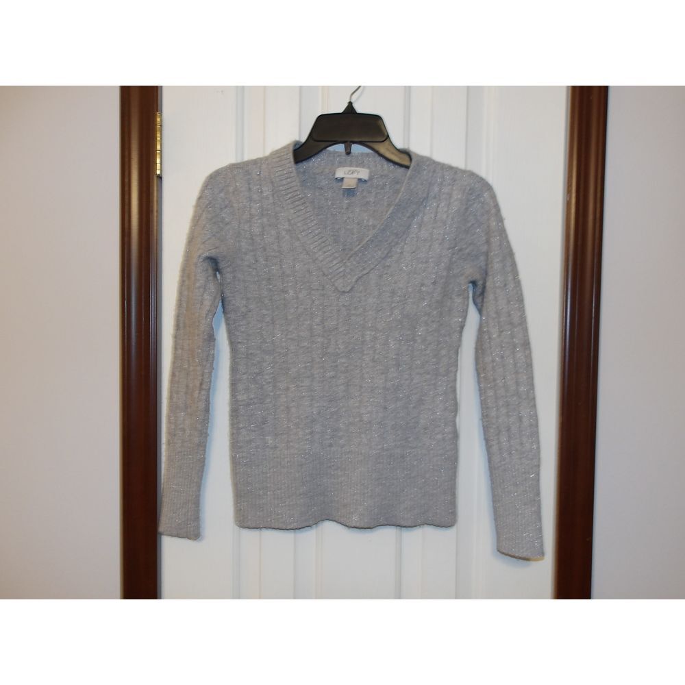LOFT Grey Cable Knit V-Neck Sweater Classic Long Sleeve‎ Pullover